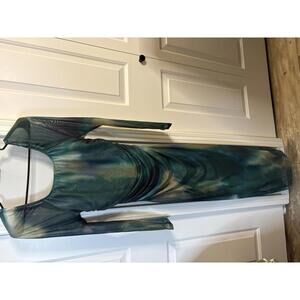 Long Sleeve Green Tie-Dye Ruched Midi Body con Dress Size M 279